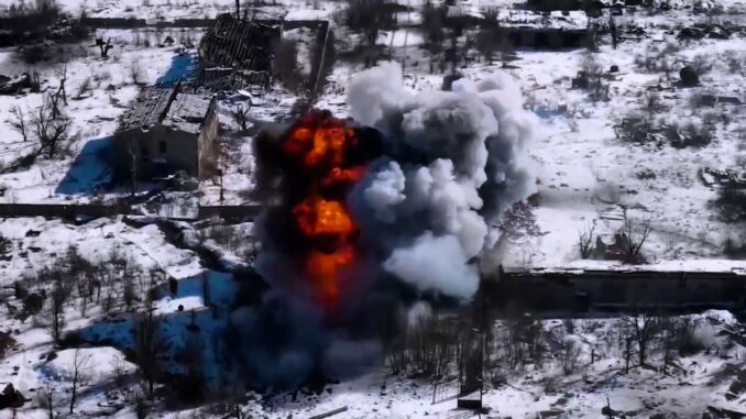 A Russian tank was hit by Ukrainian missiles just as it crossed an icy stream. (@GeneralStaff.ua/Zenger)