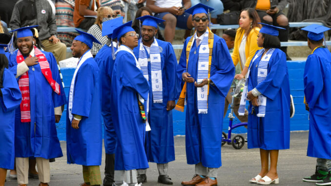 Graduates arrive ahead of Vice President Kamala Harris delivering the Keynote Speech during Tennessee State University's Commencement Ceremony at Hale Stadium at Tennessee State University on May 07, 2022 in Nashville, Tennessee. (Photo by Jason Davis/Getty Images)